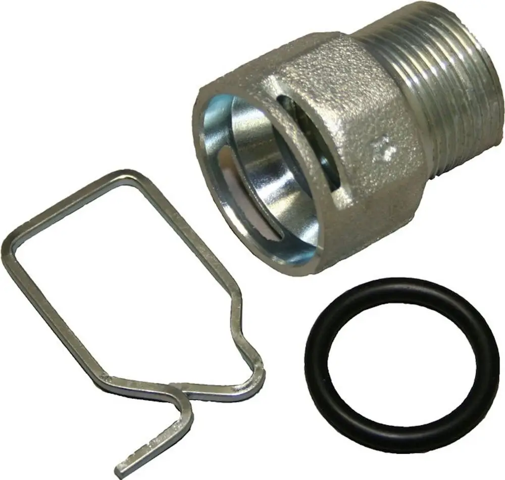 BOSCH Fitting mit gewinde, darunter ein Metallclip und eine schwarze Dichtung. Geeignet zur Verbindung von Rohren in verschiedenen Anwendungen.